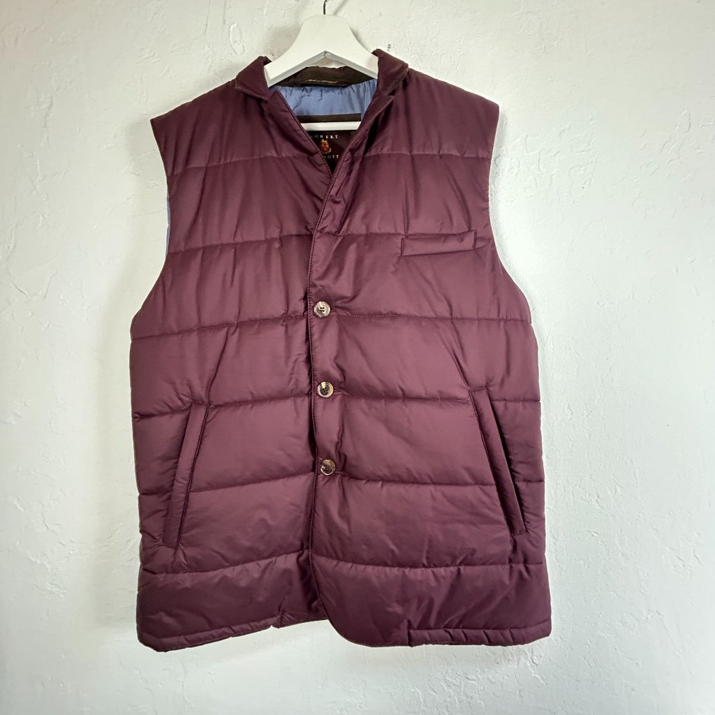 Robert Talbott Mens Burgundy Quilted Down Puffer Vest Xl Button Front Packable